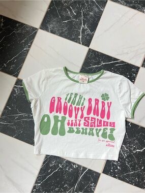 Allure White Crop Tee with Pink & Green Retro Graphic